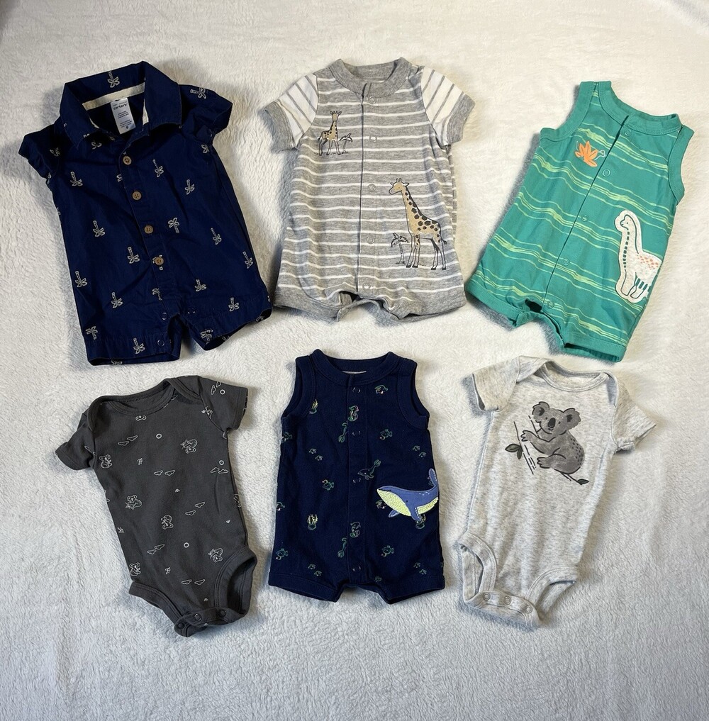 Carter's Lot Of 6 1-Piece Outfits Newborn Blue Green Grey Koala Whale Giraffe